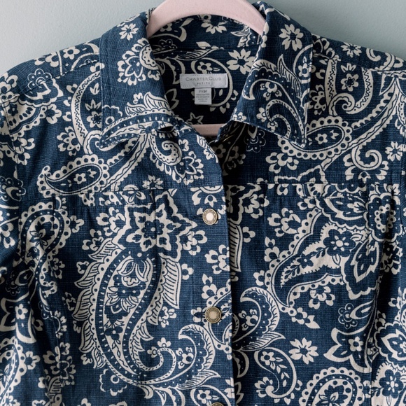 Charter Club Button Jean Jacket - Petite Medium - Blue Ivory Paisley - Picture 6 of 10